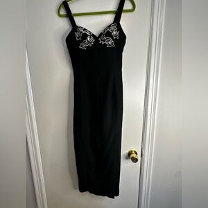 Sharagano of France XS Black Sheath Gown. Embroidered Bust. Low Slit.